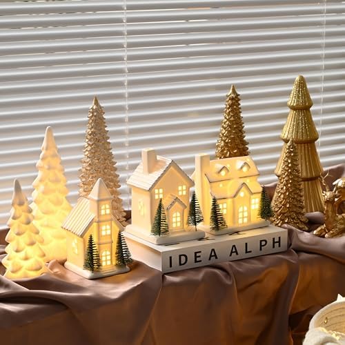 Ceramic White Christmas Village Houses, Light Up Porcelain Village Houses