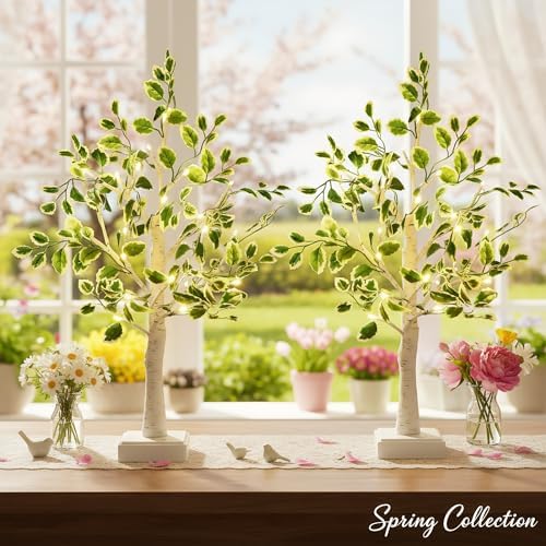 24 LED Artificial Tree Lamp, Lighted Trees for Indoor Decor USB/Battery Powered with Timer, DIY Green Leaves Light Up Tree Fairy Spirit for Table Home Bedroom Spring Decoration
