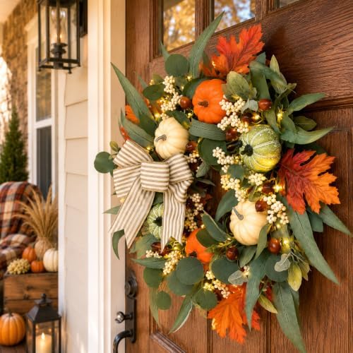 24" Lighted Fall Wreath with Pumpkins Thanksgiving Front Door Autumn Decor