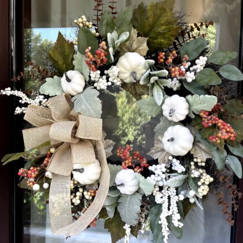 24 Inch Neutral Fall Wreath for Front Door with White Pumpkins & Bow