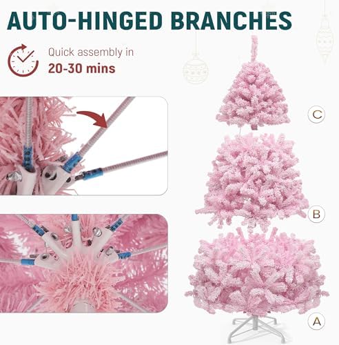 YITAHOME 6FT Prelit Pink Flocked Christmas Tree with Warm-White Lights