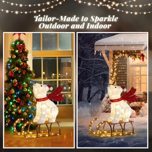 VINGLI 2.8FT Lighted Sleigh Polar Bear Christmas Outdoor Decorations, Christmas Yard Decorations with 104 Prelit LED, Light up Polar Bear Christmas Decor Outdoor for Garden, Lawn, Outside, Plug-in