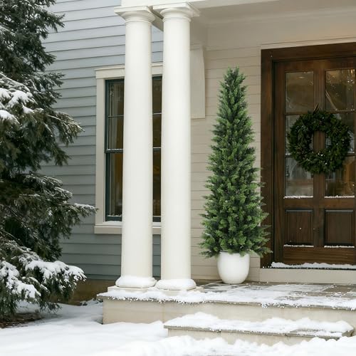 6.03ft UV Resistant Artificial Cedar Tree with Full & Soft Real Touch Leaves, 72.4in Realistic Faux Cypress Tree, Fake Topiary Trees for Front Door Proch Patio Deck Balcony Yard Decor