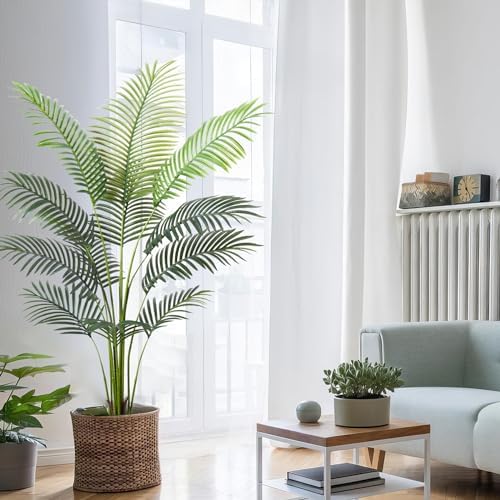Artificial Golden Cane Palm Tree 5Feet Faux Plant for Home Decor Indoor Outdoor Faux Areca Palm Tree in Pot for Home Office Perfect Housewarming Gift with Adjustable Trunk