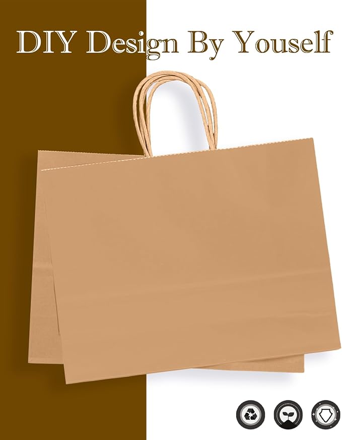 qiqee 13"x4.5"x10" Large Gift Bag with Handles Bulk 100PCS Gift Paper Bags Brown Bags Multiple Uses (Wide Large)
