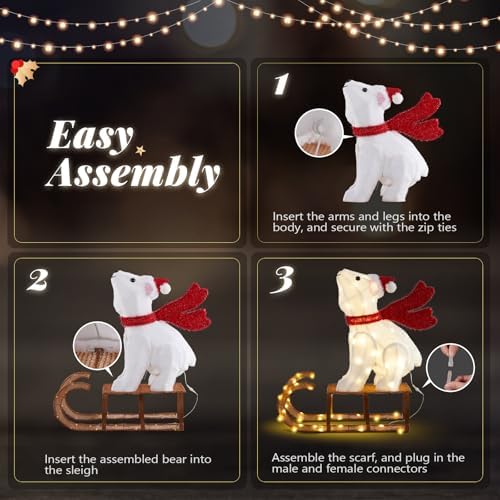 VINGLI 2.8FT Lighted Sleigh Polar Bear Christmas Outdoor Decorations, Christmas Yard Decorations with 104 Prelit LED, Light up Polar Bear Christmas Decor Outdoor for Garden, Lawn, Outside, Plug-in