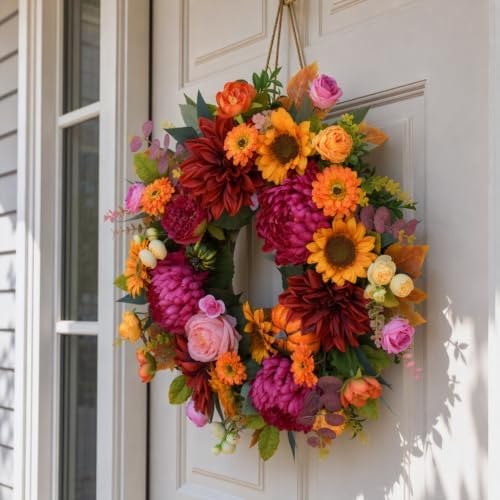 24 Inch Fall Wreath for Front Door, Artificial Harvest Fall Wreath