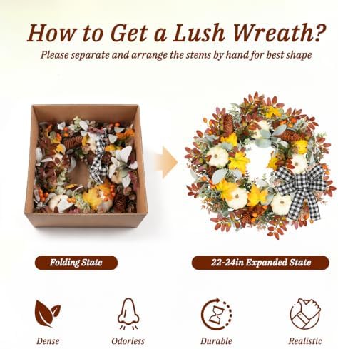 Grooy 24 Inch Fall Wreath for Front Door with Artificial Pumpkin Bow