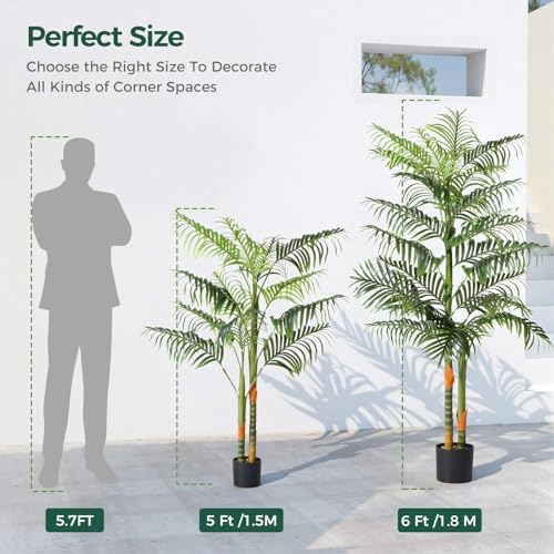 5FT Artificial Palm Tree Tall Plant with Planter & Moss, Realistic 2-Trunk Artificial Tree with Lights, Lifelike Leaves Fake Palm Tree, Low Maintenance Palm Tree Decor for Home Office Living Room