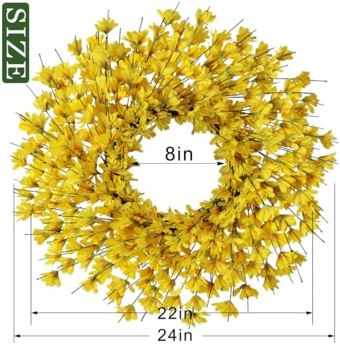 24" Artificial Yellow Forsythia Flower Wreath for Front Door Decor (Yellow)