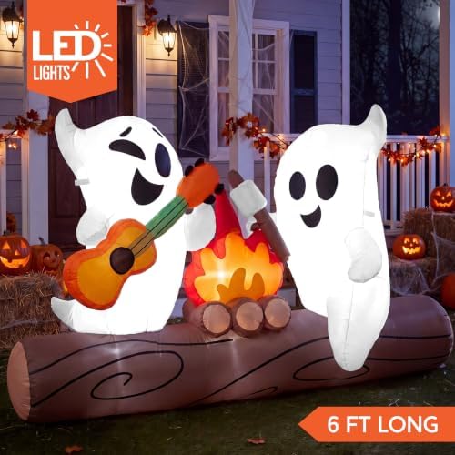 Joiedomi 6ft Long Halloween Inflatable Ghost Outdoor Decoration, Cute Blow Up Ghost Roasts Cotton Candy Over Campfire with LED, Halloween Blow Up Yard Decoration for Holiday Party Garden Lawn Decor