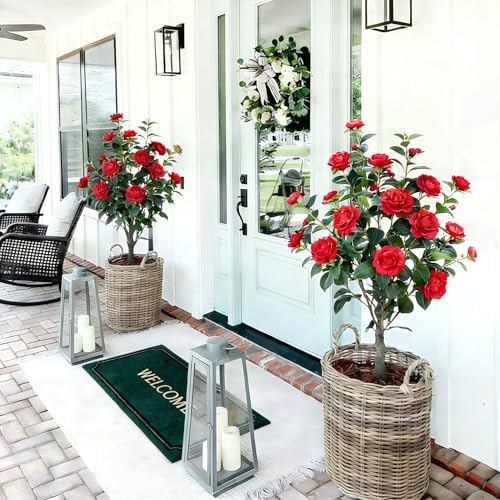Artificial Camellia Tree 2 Pack, 3FT Faux Camellia Plant in Pot, 36 inch Fake Potted Camellia Flower Tree Plastic Camellia Tree for Modern Home Office Christmas Living Room Floor Decor Indoor, Red