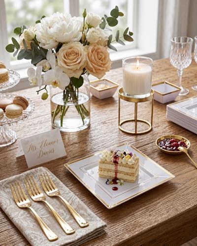bUCLA 100PCS Gold Square Plastic Plates - 6inch Disposable Dessert/Cake Plates - Premium Hard Square Small Appetizer Plates for Wedding&Party