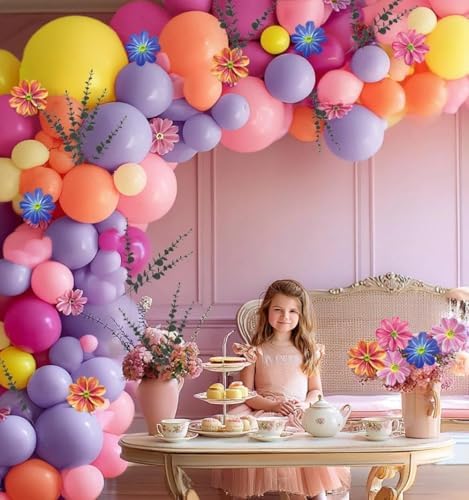 Hot Pink Purple Balloon Arch Double Stuffed Balloons with Artificial Flowers Eucalyptus Leaves Pastel Yellow Peach Magenta Latex Garland for Wildflower Birthday Wedding Floral Tropical Party Decor
