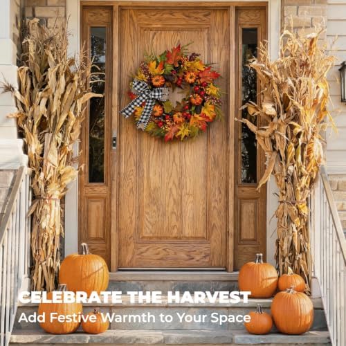 24" Fall Maple Leaf Wreath for Front Door with Buffalo Check Bow - Rustic Autumn Harvest Wreath with Orange Pumpkins, Pinecones and Berries - Farmhouse Thanksgiving Halloween Outdoor Decor