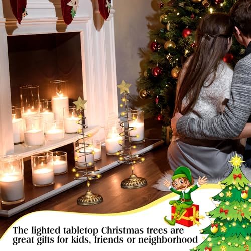 Set of 2 Lighted Christmas Tree Table Decoration with Golden Star Battery Operated Tabletop Prelit Mini Xmas Tree with LED Light up Desk Ornament for Home Mantel(Spiral,Gold)