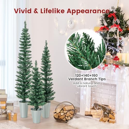 Goplus Set of 3 Artificial Christmas Tree, 3' 4' 5' Slim Pencil Xmas Tree with Silver Metal Buckets, Faux Potted Christmas Trees for Front Porch Entrance Indoor Festive Holiday Party Office Home Decor