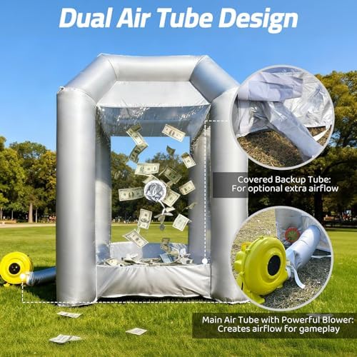 Inflatable Cash Cube Booth with 2 Blowers, Inflatable Money Grab Machine for Commercial Advertising & Event Promotion, Fast Inflation (Silver, 5.2x5.2x8.5FT)
