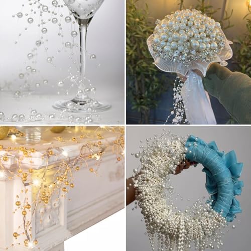 98FT 8mm 3mm Ivory Faux Pearl Beads String Garland Roll Bulk for DIY Craft (Pack of 3)