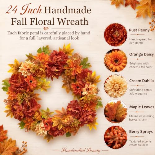 24 Inch Fall Wreaths for Front Door, Autumn Flower Wreath