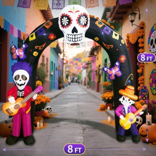 DomKom 8FT Halloween Inflatable Blow Up Decorations Archway, Day of the Dead Inflatable Arch, Dia De Los Muertos Yard Decorations, Sugar Skull Guitar Skeleton, Built‑in LED Lights, Outdoor Lawn Garden