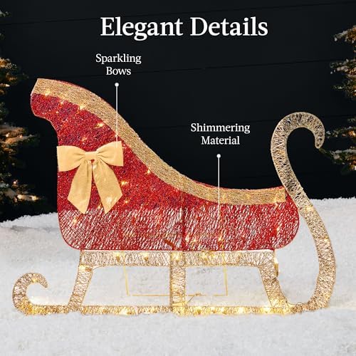 Best Choice Products 4ft Lighted 2D Reindeer & Sleigh Set, Christmas Holiday Deer & Sled Outdoor Yard Decoration w/ 140 LED Lights - Gold