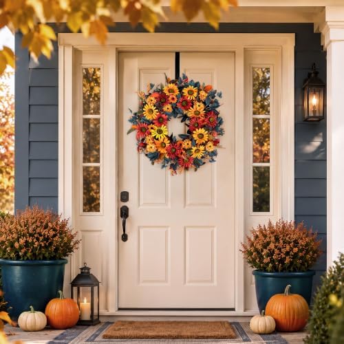 BLOSMON 24in Fall Wreaths for Front Door, Sunflower Fall Wreath with Hanger