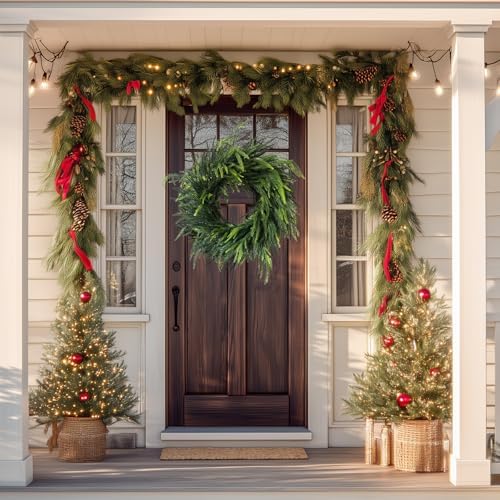 24 Inch Real Touch Norfolk Pine Christmas Wreath for Front Door Outside