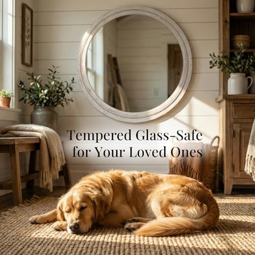 Solid Wood 30 Inch Round Beaded Bathroom Mirror, Distressed White