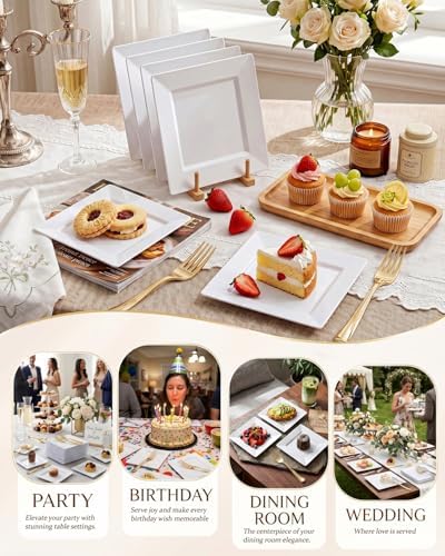 bUCLA 100PCS White Square Plastic Plates-6inch Disposable Cake Plates- Premium Hard Square Small Appetizer Plates for Wedding/Party