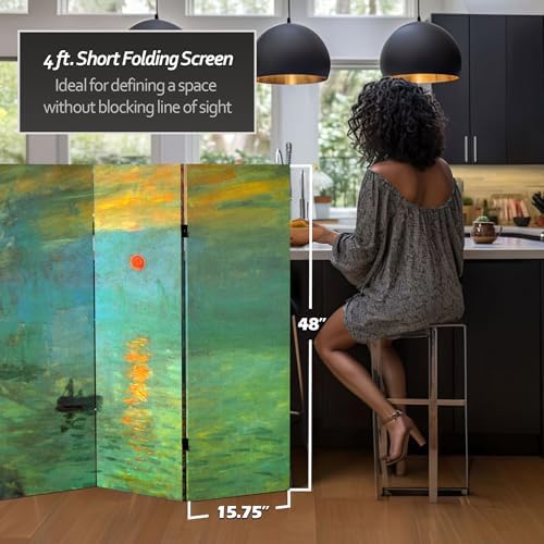 Red Lantern Double Sided Works of Monet Canvas Folding Screen - Impression Sunrise/Houses of Parliament, 4 ft Short - 3 Panel