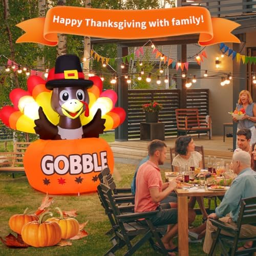 GOOSH 4FT Thanksgiving Inflatables Turkey Outdoor Decorations with Built-in LED Lights,Blow Up Turkey with Pumpkin for Lawn Yard Garden Party House Holiday Decor