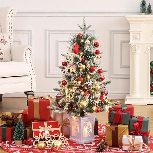 3ft Pre-Lit Holiday Christmas Tree, Artificial Christmas Tree with Timer Function and Led Lights, Snowflake and Red Berry Decorations, Holiday Ready, Easy Indoor Installation, 2-Piece Set