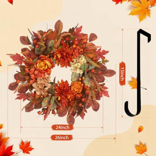 Autumn Harvest Wreath for Front Door 26 Inch, Fall Decor with Orange Dahlias Maple Leaves Berries Hydrangeas, Thanksgiving Halloween Wreaths for Front Door Grapevine Twig