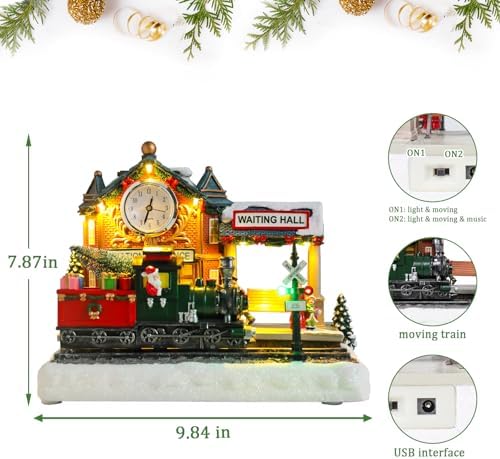 WONDER GARDEN Christmas Village Houses-Christmas Houses Village - Lighted Musical Railway Station Collectible Buildings with Moving Train for Home Indoor Decor or Gift