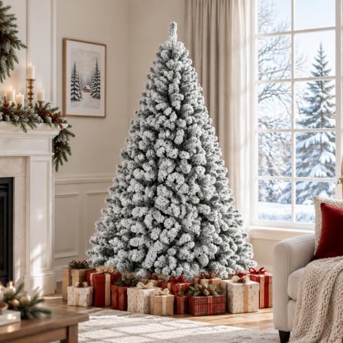 Garvee 6 FT Christmas Tree, Prelit Artificial Christmas Tree with 250 Warm White Lights, Realistic Flocked Material, Metal Hinges, Foldable Stand, on/Off Foot Pedal, Holiday Decoration, Green & White