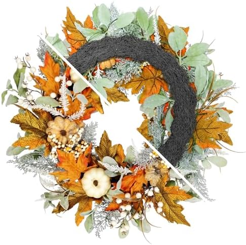 24in Pre-lit Front Door Fall Wreath,for Thanksgiving Home Decor