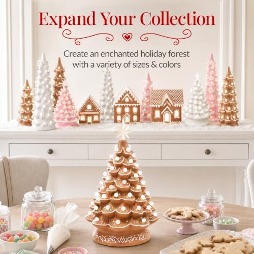 Best Choice Products 15in Ceramic Christmas Tree, Pre-lit Hand-Painted Tabletop Holiday Tree, 2 Star Toppers, 64 Lights - Gingerbread w/White Bulbs