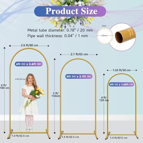 Hemmotop Metal Arch Backdrop Stand, Gold, Set of 3, 6FT, 5FT, 4FT