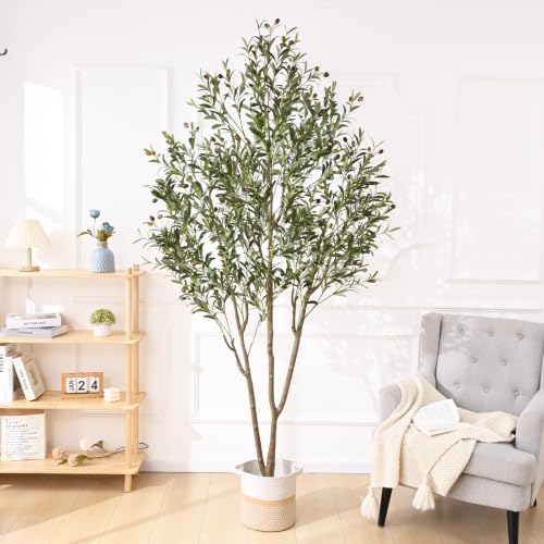7FT Olive Trees Artificial Indoor with Planter&Basket, Tall Faux Olive Tree