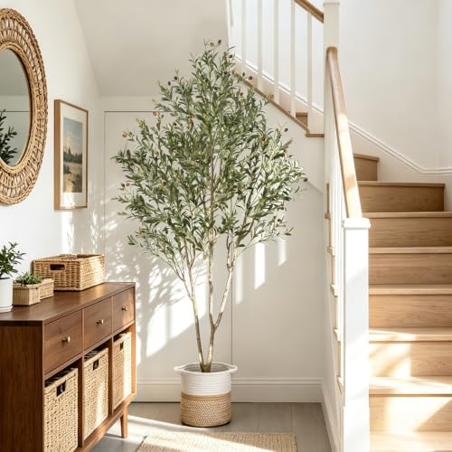 7FT Olive Trees Artificial Indoor with Planter&Basket, Tall Faux Olive Tree