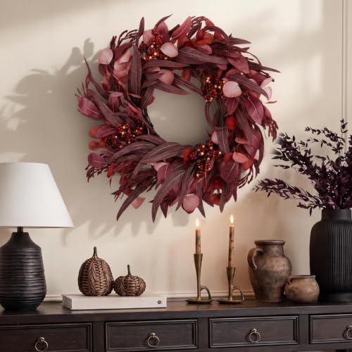 22" Burgundy Fall Wreath for Front Door Artificial Eucalyptus Wreaths