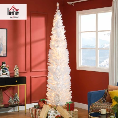 HOMCOM 8' Tall Pre-Lit Slim Noble Fir Artificial Christmas Tree White