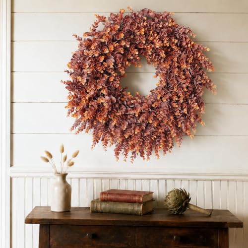 24" Lifelike Touch Fake Fall Eucalyptus Wreath for Front Door (Dark Orange)