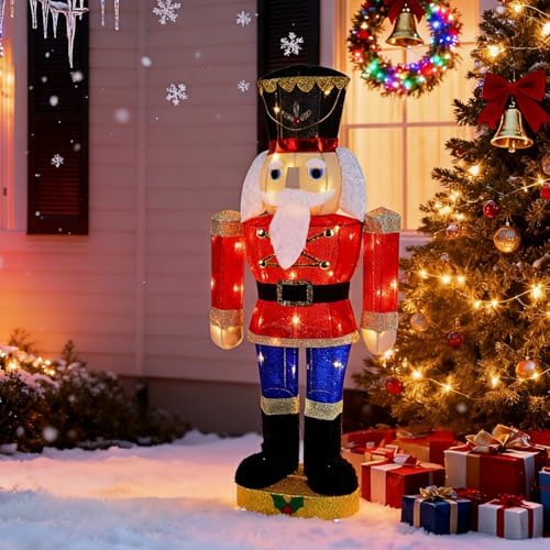 Hausse Lighted Christmas Outdoor Decor, 37.5" Height Pre-Lit 3D Tinsel Xmas Nutcracker Soldier Figure, Light Up Xmas Yard Displays, Plug in for Holiday Party New Year Winter Patio Lawn Garden