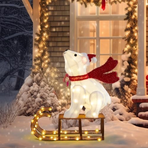 VINGLI 2.8FT Lighted Sleigh Polar Bear Christmas Outdoor Decorations, Christmas Yard Decorations with 104 Prelit LED, Light up Polar Bear Christmas Decor Outdoor for Garden, Lawn, Outside, Plug-in