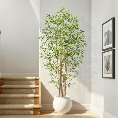 Artificial Bamboo Tree, Fake Bamboo Plant 6FT Tall with 6 Natural Real Bamboo Trunks, Artificial Tree Indoor Decor Faux Silk Tree for Home Office Living Room Modern Decor
