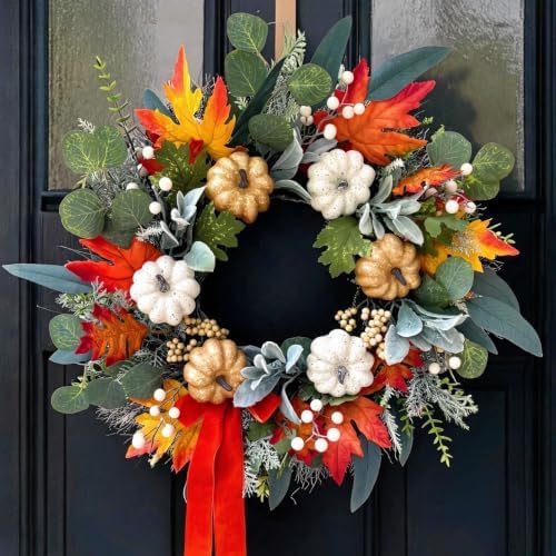 Fall Front Door Wreaths with Ribbon, 24 Inch Pumpkin Autumn Wreath