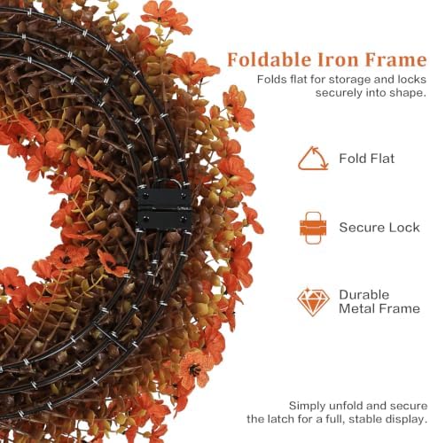 20" Orange Fall Wreath for Front Door, Artificial Mums Autumn Wreath