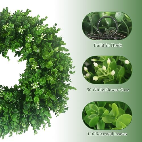 20'' Boxwood Wreaths for Front Door, Green Wreath with a Sash